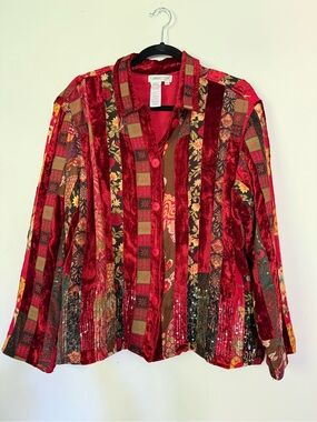 Coldwater Creek Boho Velvet Patchwork Sequin Artistic Eclectic Jacket Red Sz 1X